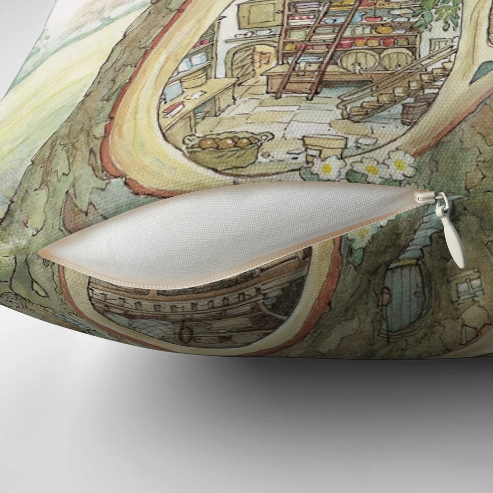 Decorative pillow featuring a cozy crabapple cottage scene in a quintessential British countryside style