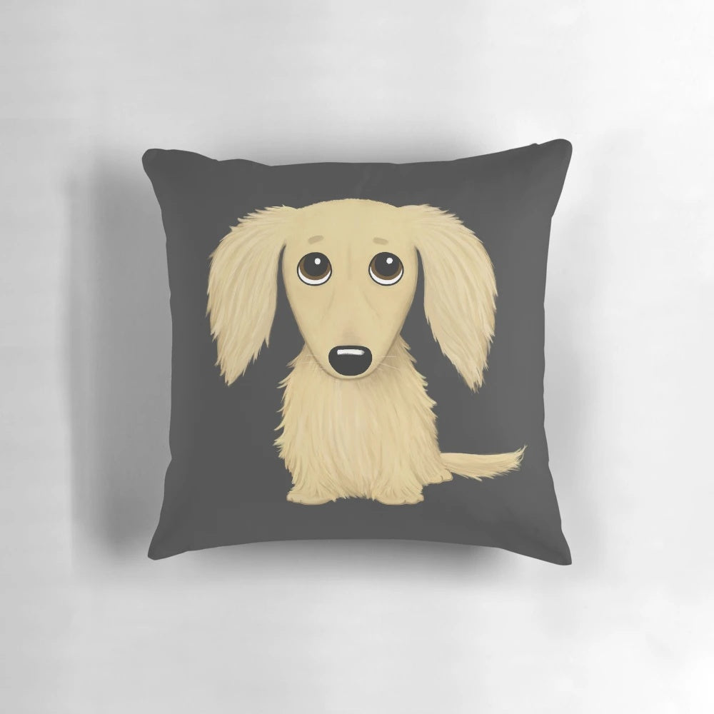 Longhaired cream-colored dachshund cartoon pillow, a cozy and adorable accessory for dog owners.