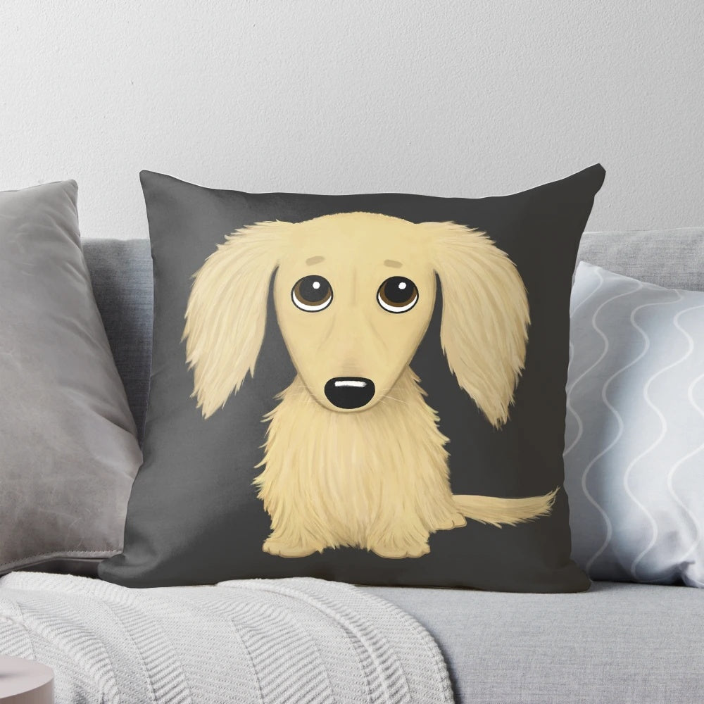 Longhaired cream-colored dachshund cartoon pillow, a cozy and adorable accessory for dog owners.