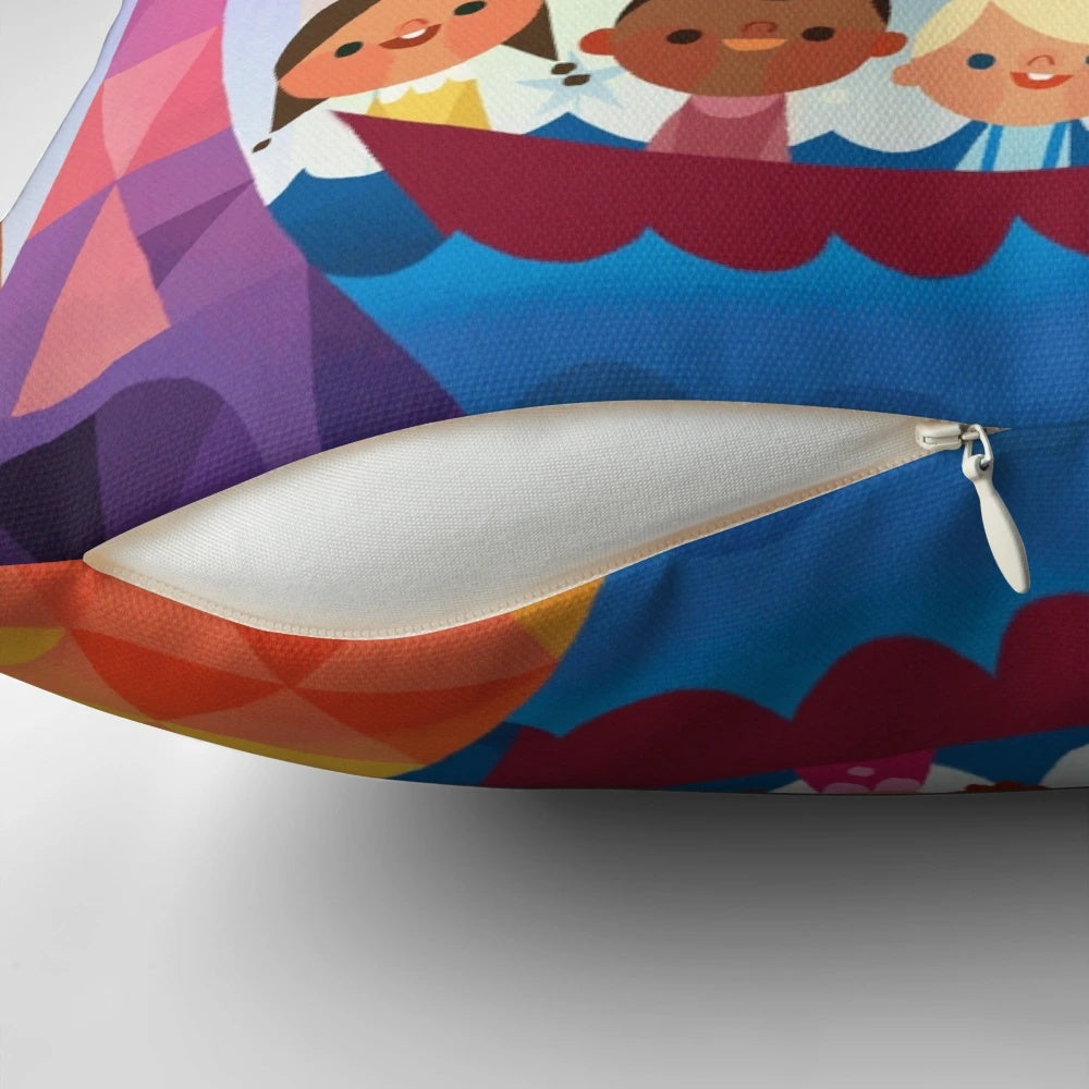 A small, decorative pillow featuring a "its a small world" theme, perfect for Disney fans and world travelers.