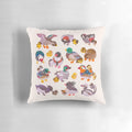 Decorative pillow featuring a hand-drawn illustration of a duck and her duckling on a wooden background.