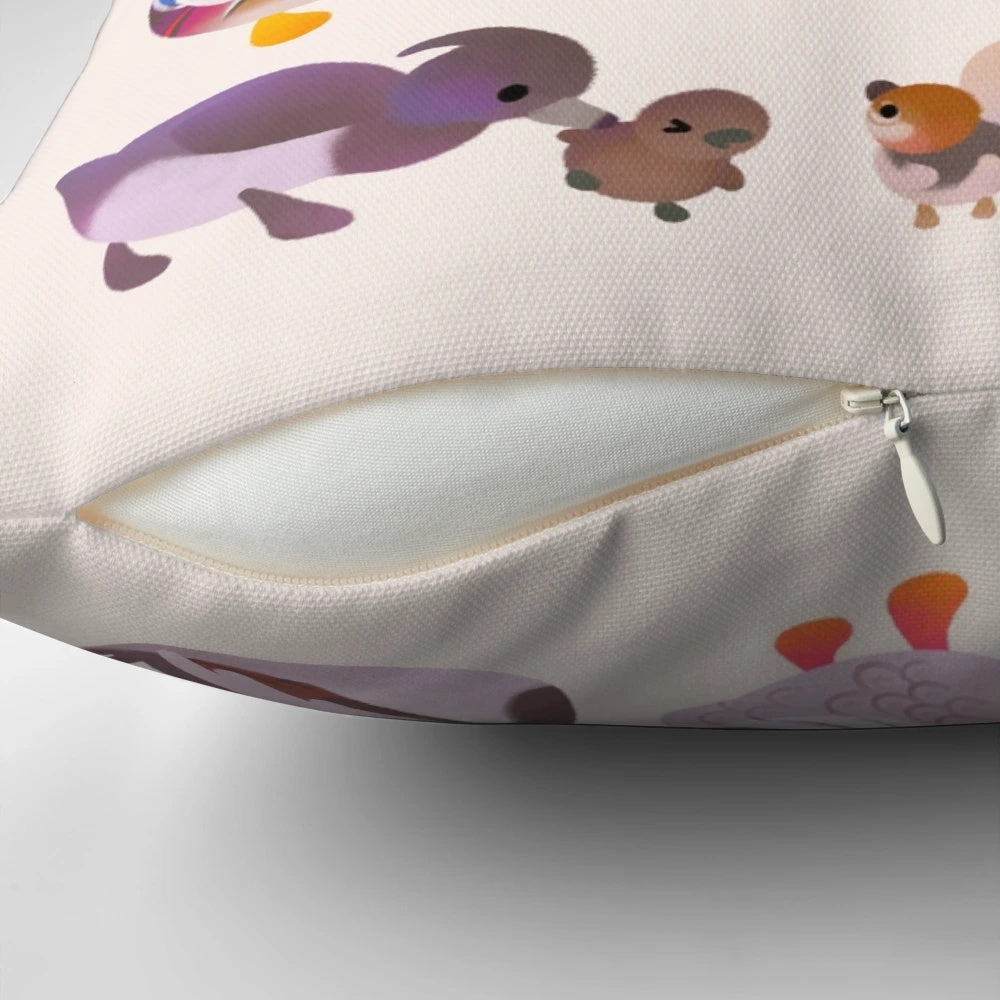 Decorative pillow featuring a hand-drawn illustration of a duck and her duckling on a wooden background.