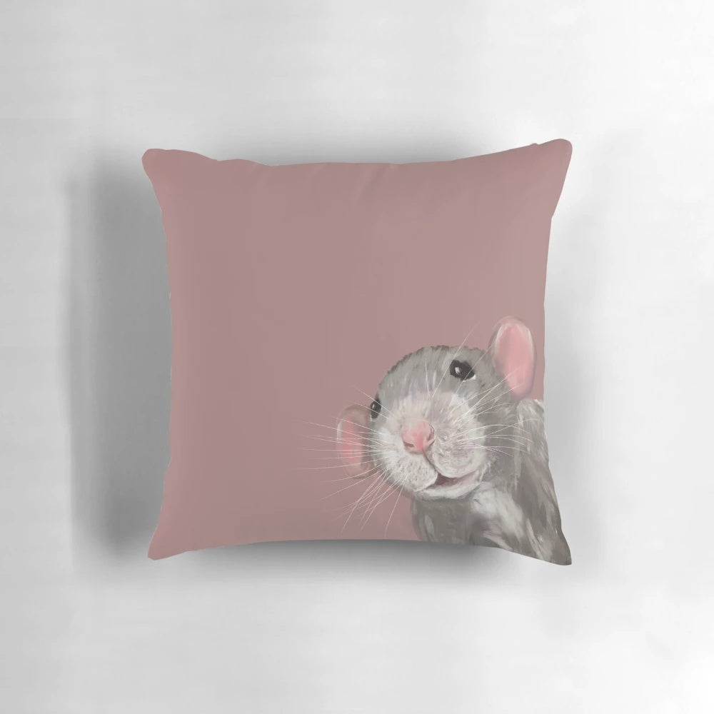 Soft pink decorative pillow featuring a detailed portrait of a cute dumbo rat.