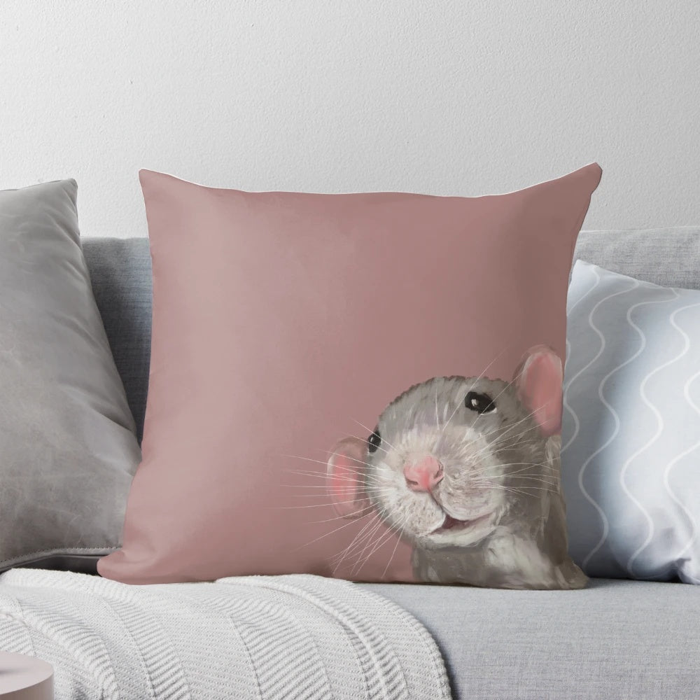 Soft pink decorative pillow featuring a detailed portrait of a cute dumbo rat.