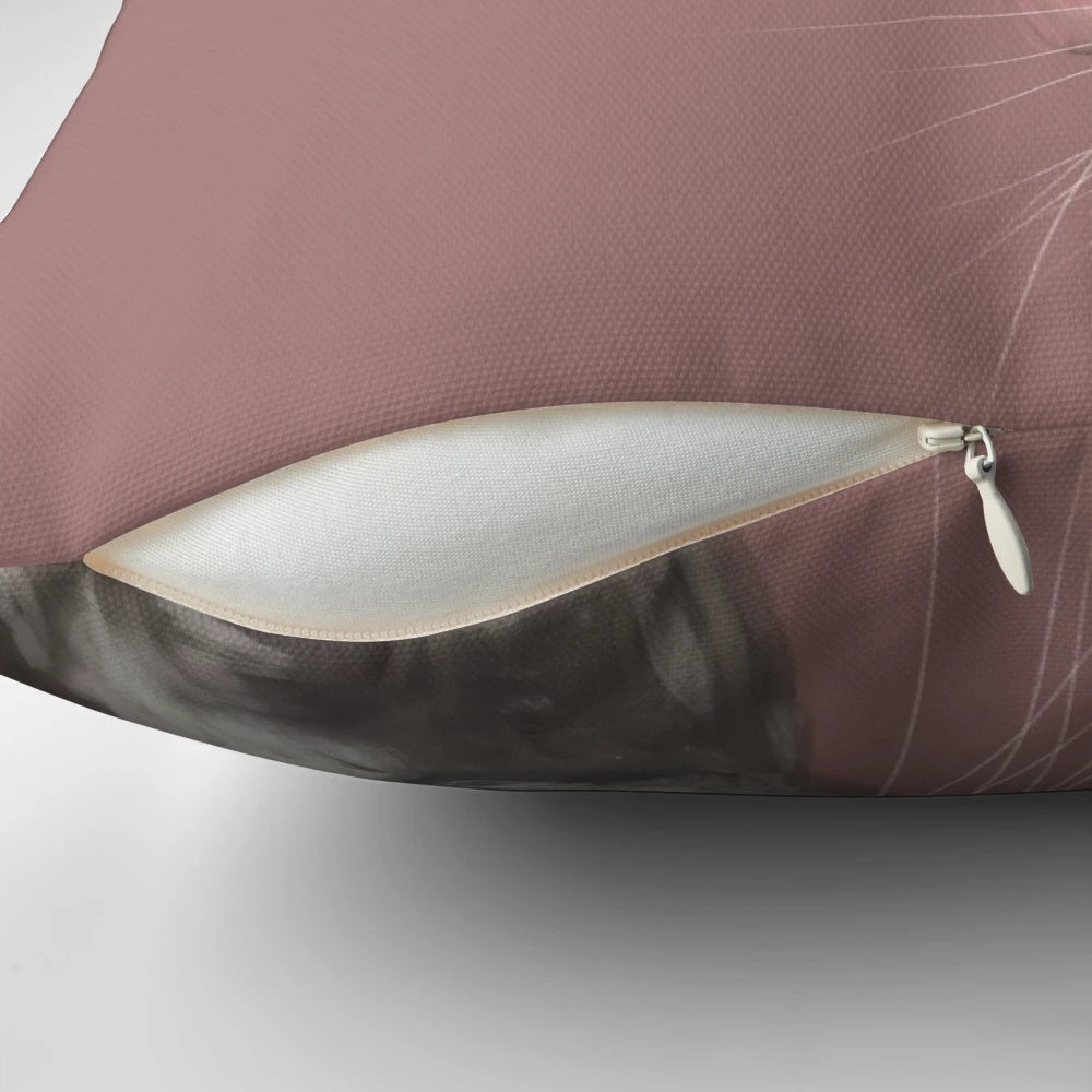 Soft pink decorative pillow featuring a detailed portrait of a cute dumbo rat.