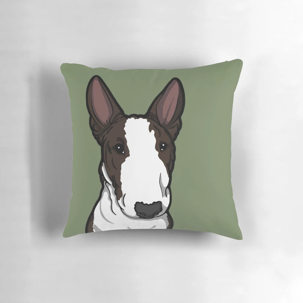 Detailed illustration of a friendly English bull terrier dog on a plush pillow