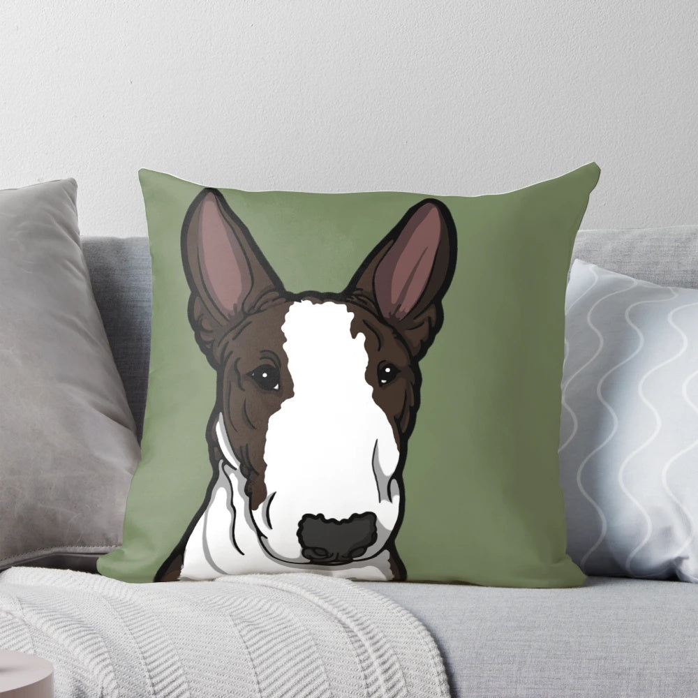 Detailed illustration of a friendly English bull terrier dog on a plush pillow