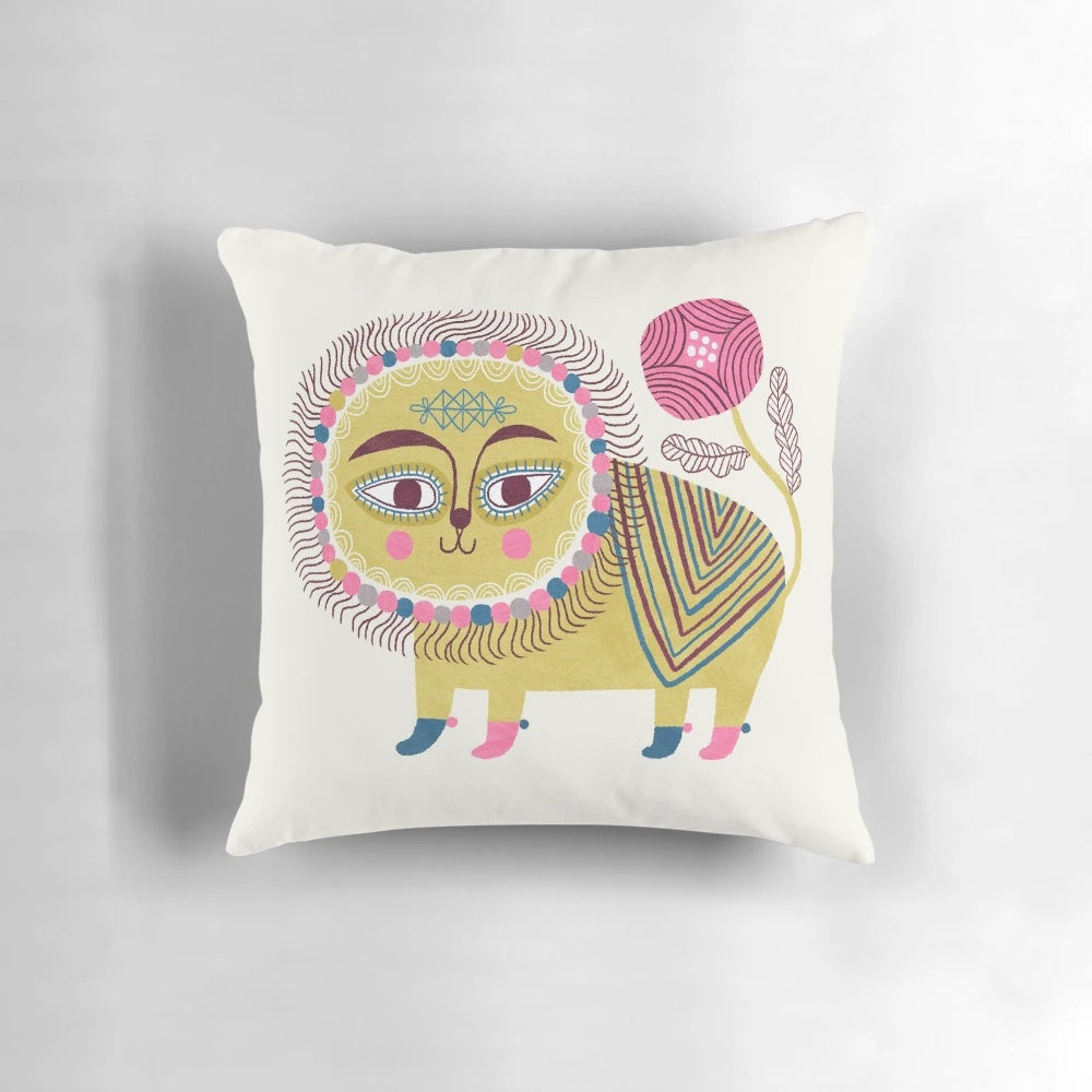 Decorative folk art lion pillow with whimsical floral design