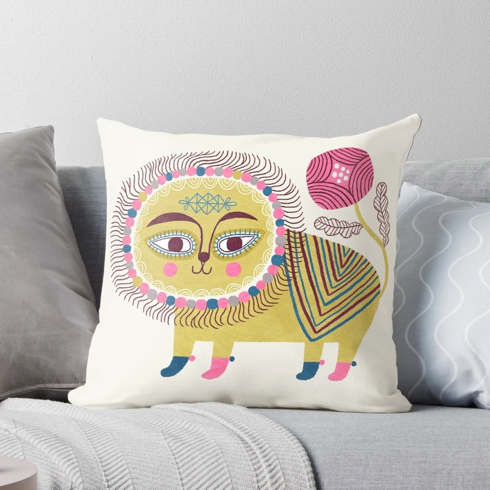 Decorative folk art lion pillow with whimsical floral design