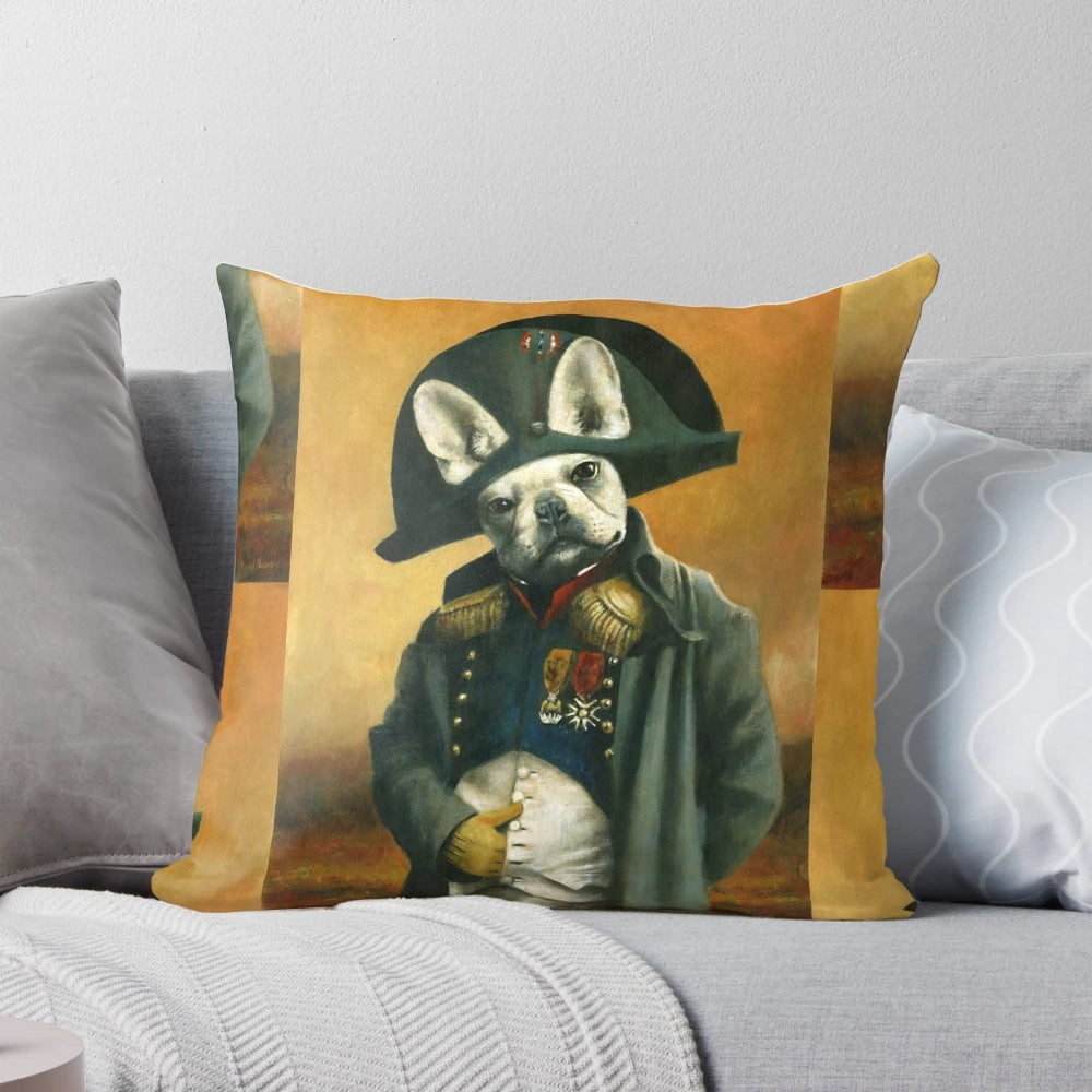 French bulldog wearing a Napoleon-style military uniform