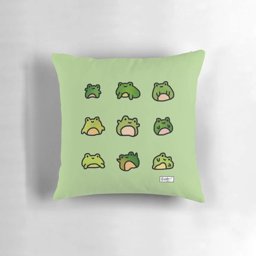 Throw pillow featuring a whimsical doodle design of a group of frogs