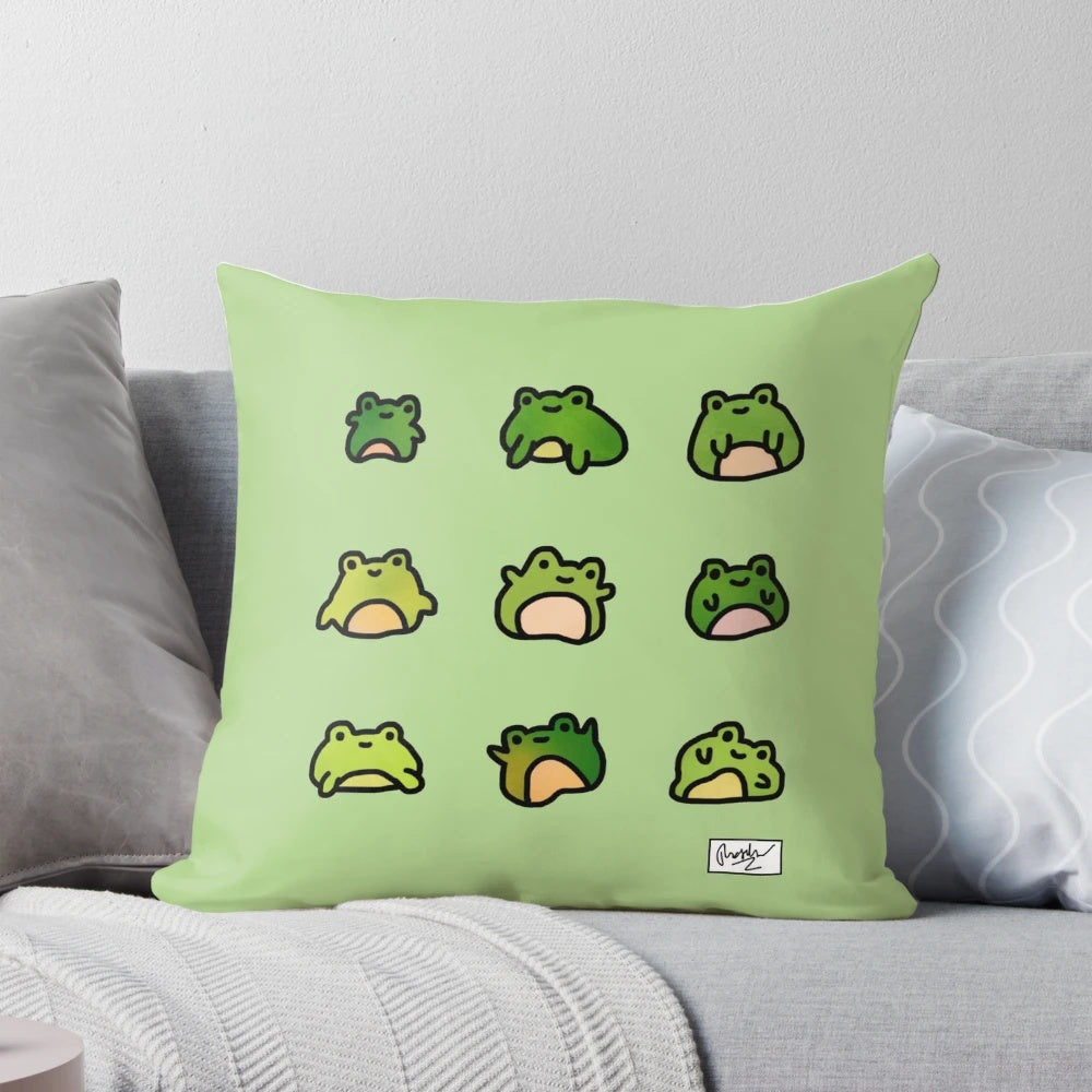 Throw pillow featuring a whimsical doodle design of a group of frogs