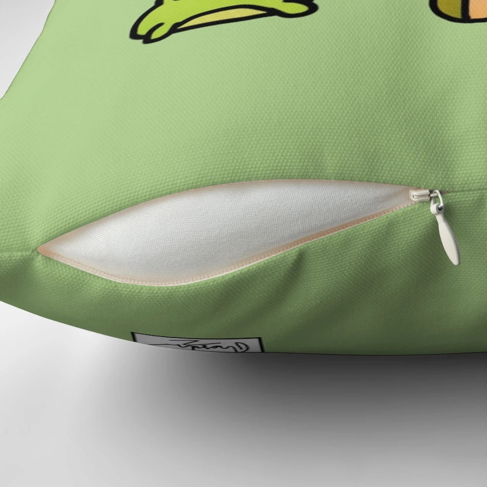 Throw pillow featuring a whimsical doodle design of a group of frogs