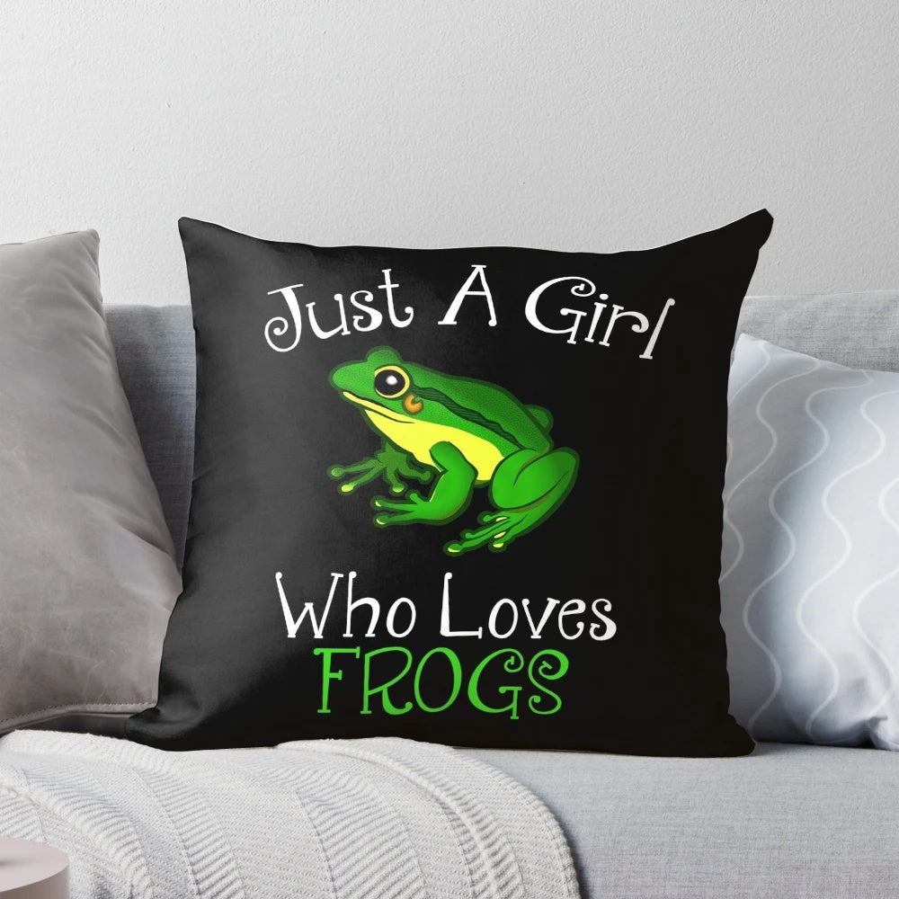 A decorative pillow featuring a whimsical frog design, perfect for frog enthusiasts.