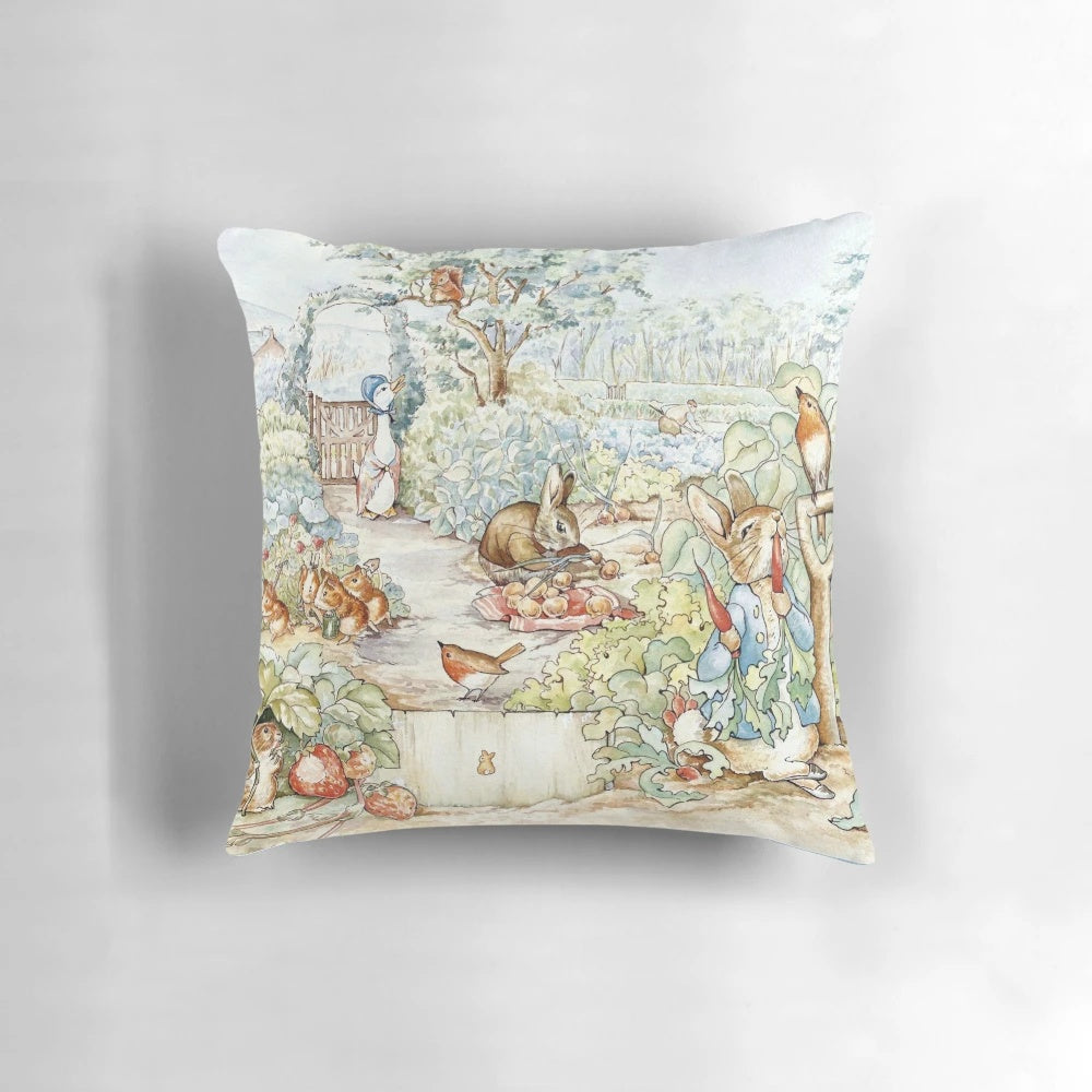 Decorative garden pillow featuring beloved Beatrix Potter characters like Peter Rabbit, Jemima Puddle Duck, and Squirrel Nutkin
