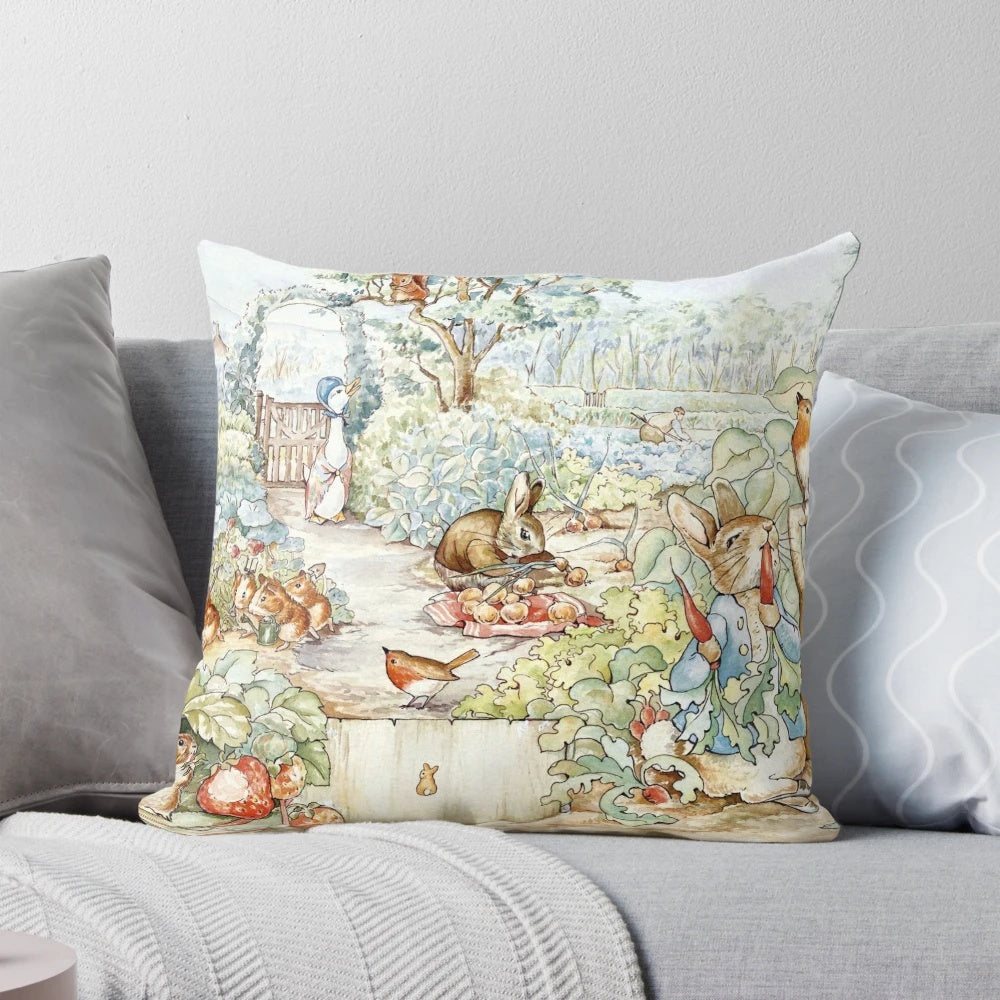 Decorative garden pillow featuring beloved Beatrix Potter characters like Peter Rabbit, Jemima Puddle Duck, and Squirrel Nutkin