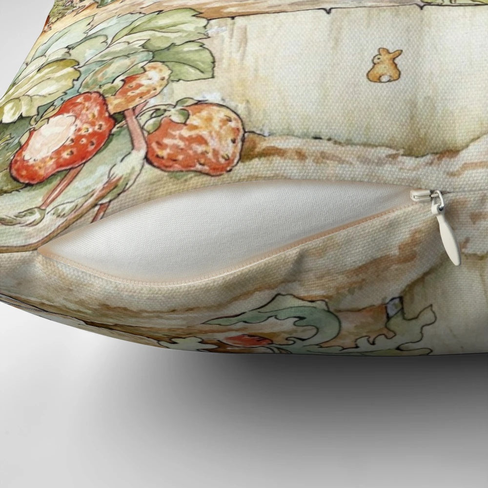 Decorative garden pillow featuring beloved Beatrix Potter characters like Peter Rabbit, Jemima Puddle Duck, and Squirrel Nutkin