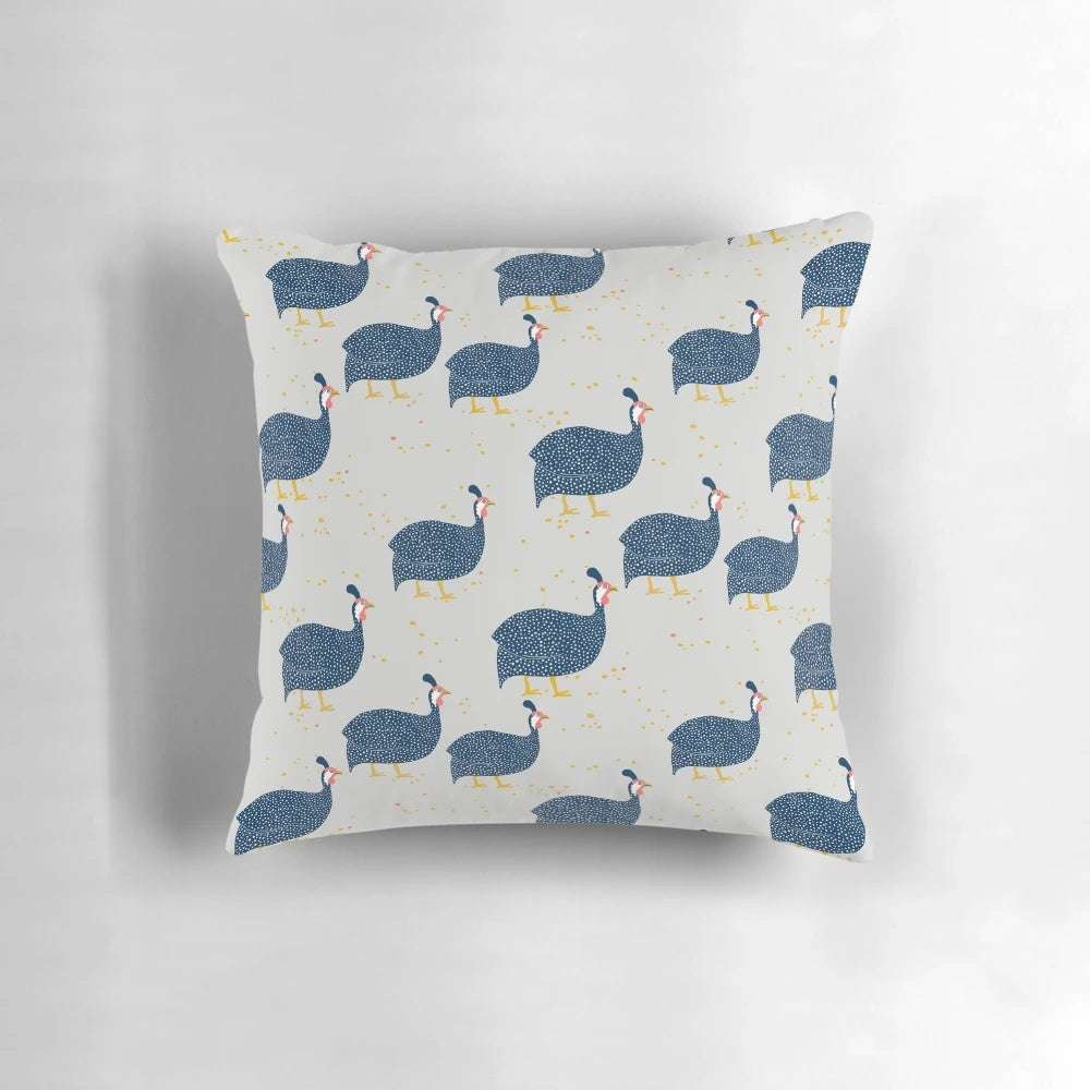 Soft, plush guinea hen pattern decorative pillow in blue and grey tones