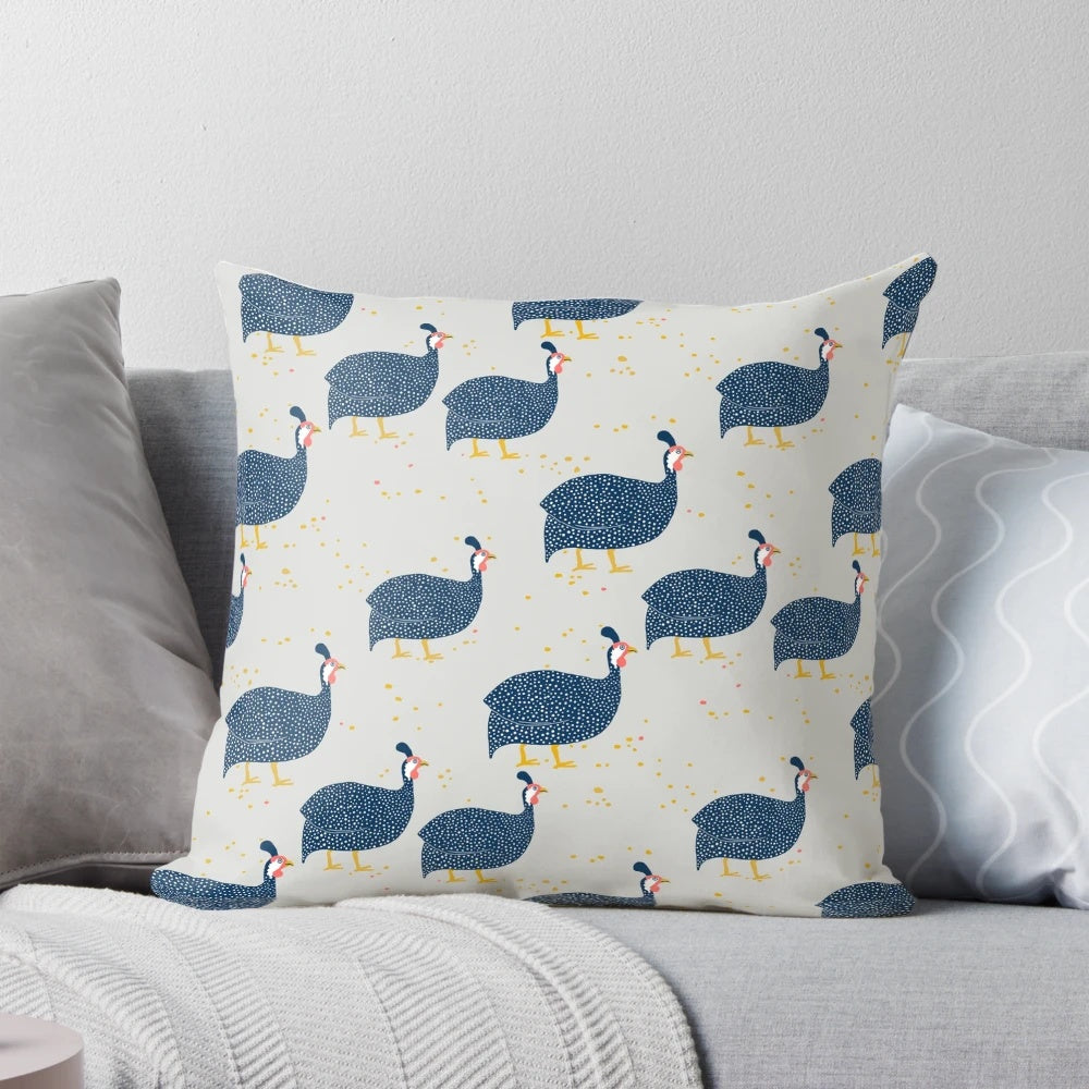 Soft, plush guinea hen pattern decorative pillow in blue and grey tones