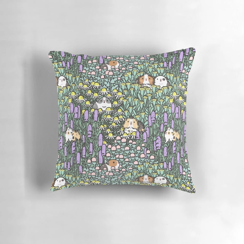 Decorative pillow featuring a whimsical pattern of abyssinian guinea pigs and garden herbs