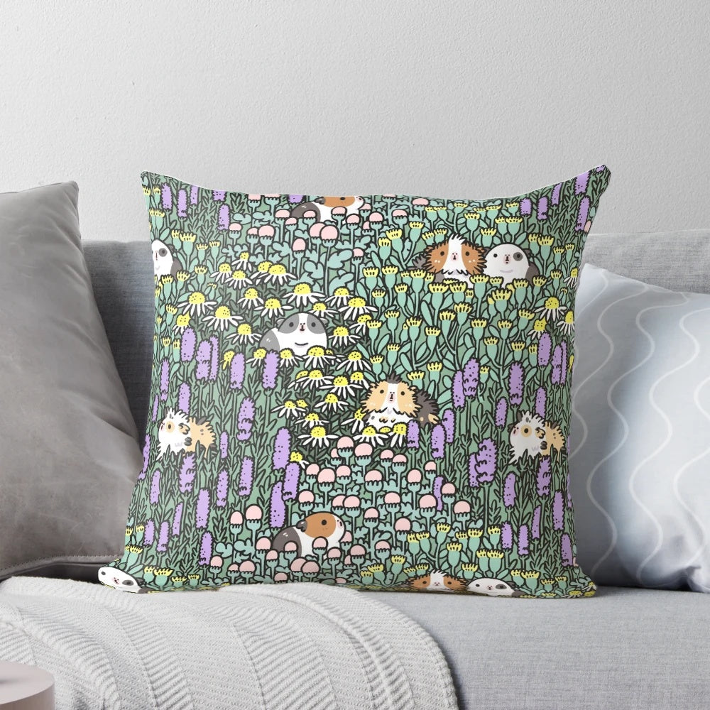 Decorative pillow featuring a whimsical pattern of abyssinian guinea pigs and garden herbs