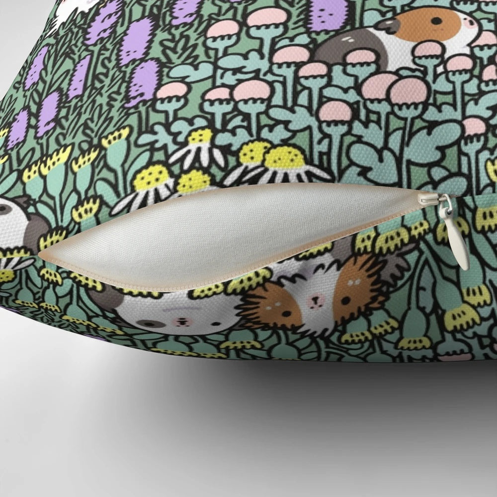 Decorative pillow featuring a whimsical pattern of abyssinian guinea pigs and garden herbs