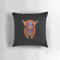 Cozy decorative pillow featuring a whimsical highland cow illustration in soft shades of ginger and brown.
