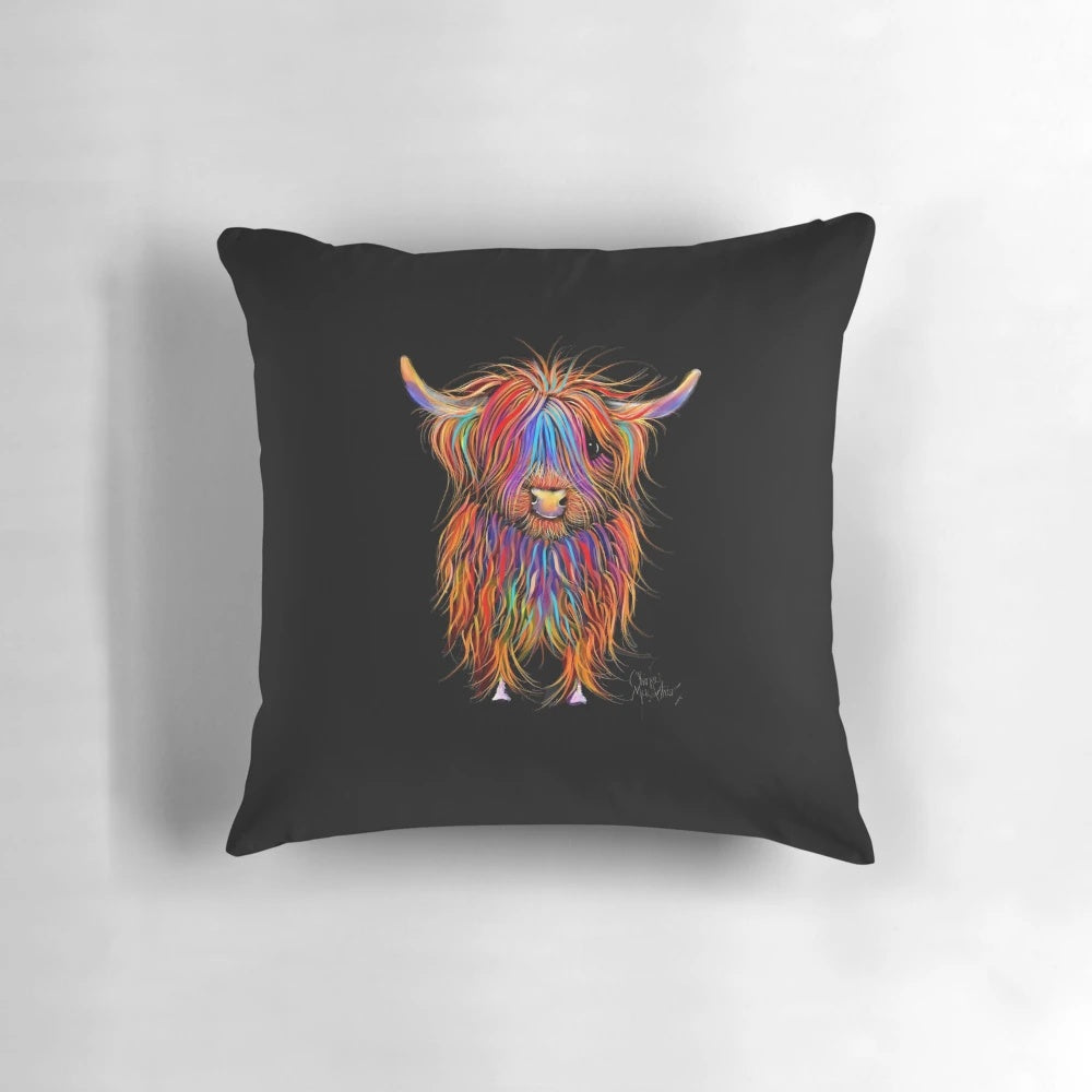 Cozy decorative pillow featuring a whimsical highland cow illustration in soft shades of ginger and brown.
