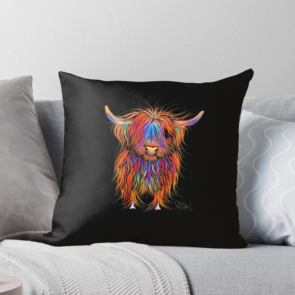 Cozy decorative pillow featuring a whimsical highland cow illustration in soft shades of ginger and brown.