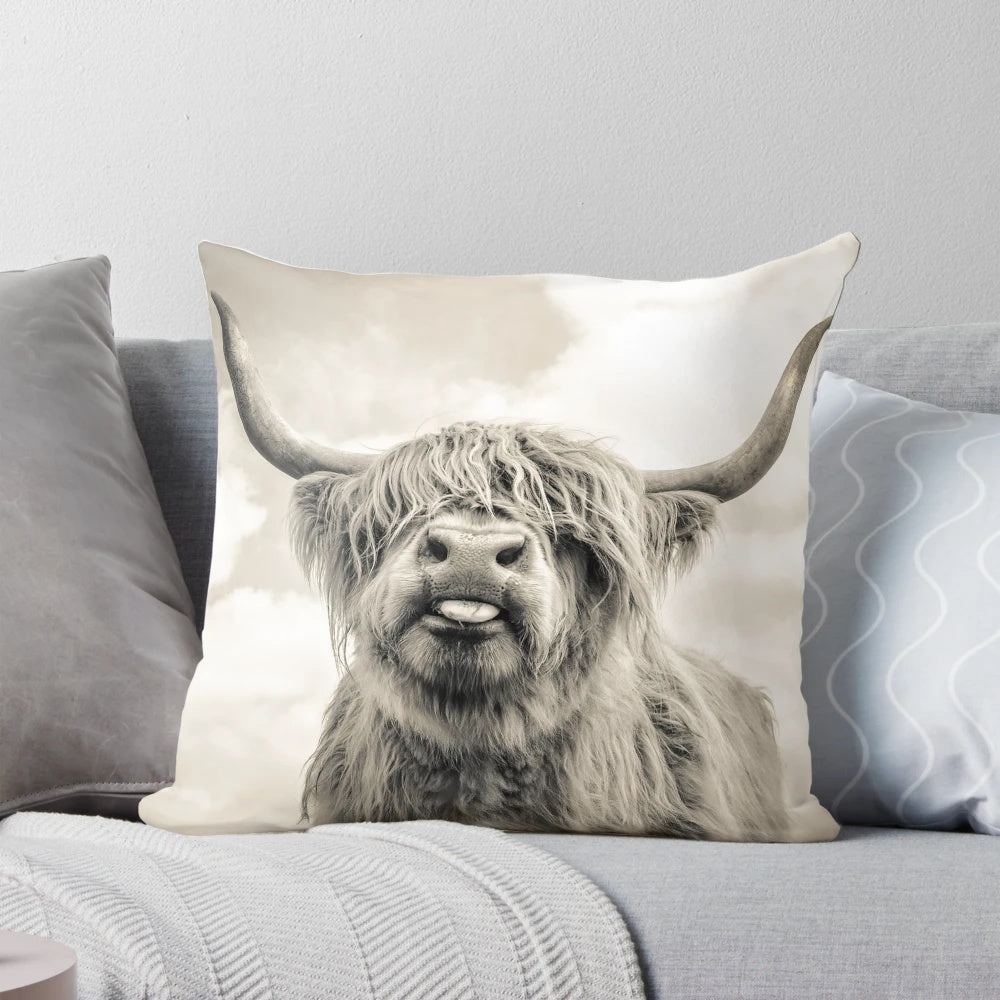 Cheeky highland cow printed on a modern, decorative throw pillow