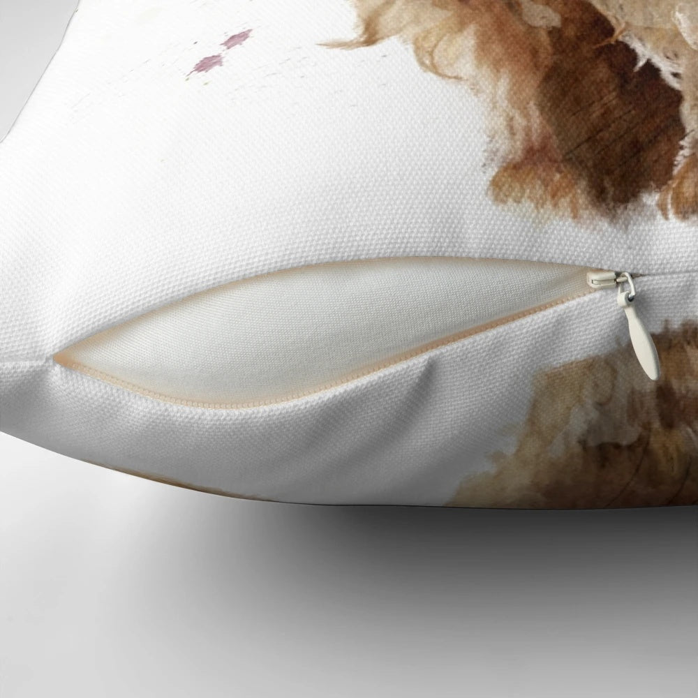 A watercolor illustration of a majestic highland cow, featured on a cozy throw pillow.