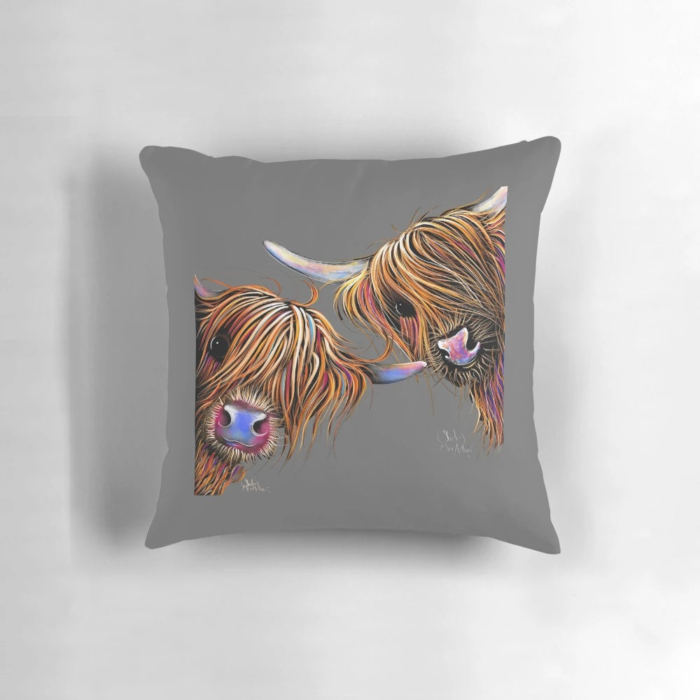 A whimsical highland cow print in shades of gray, featuring a Scottish 'sugar lump & noodles' design by artist Shirley MacArthur.