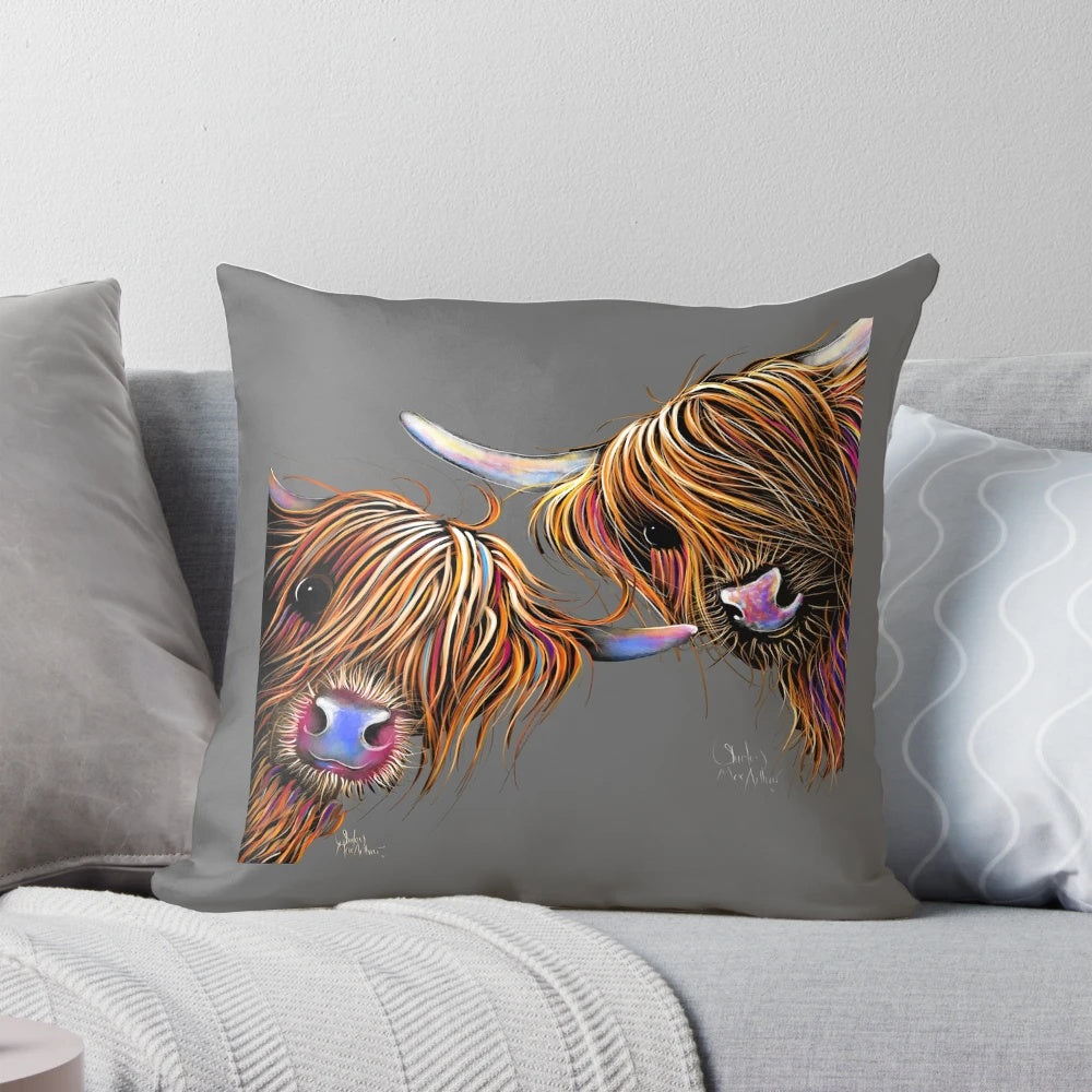 A whimsical highland cow print in shades of gray, featuring a Scottish 'sugar lump & noodles' design by artist Shirley MacArthur.