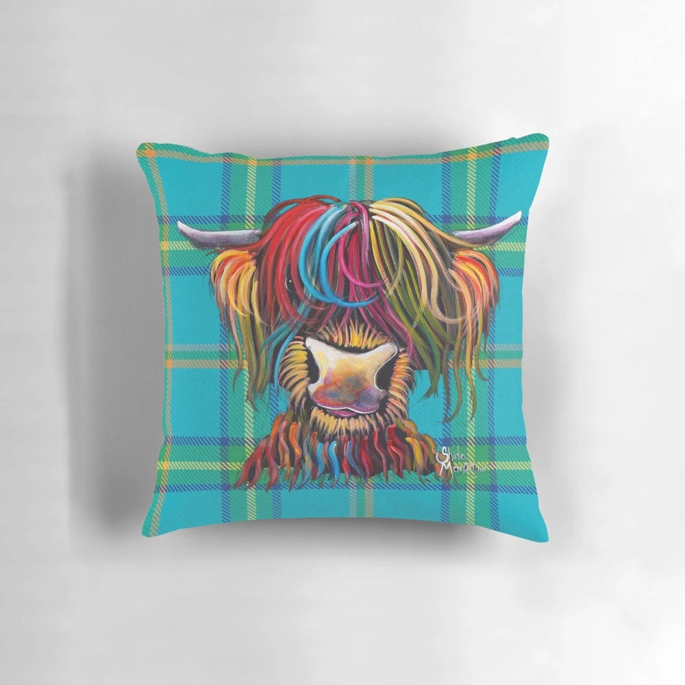 A soft, cozy pillow featuring a hand-painted highland cow in a vibrant tartan pattern.