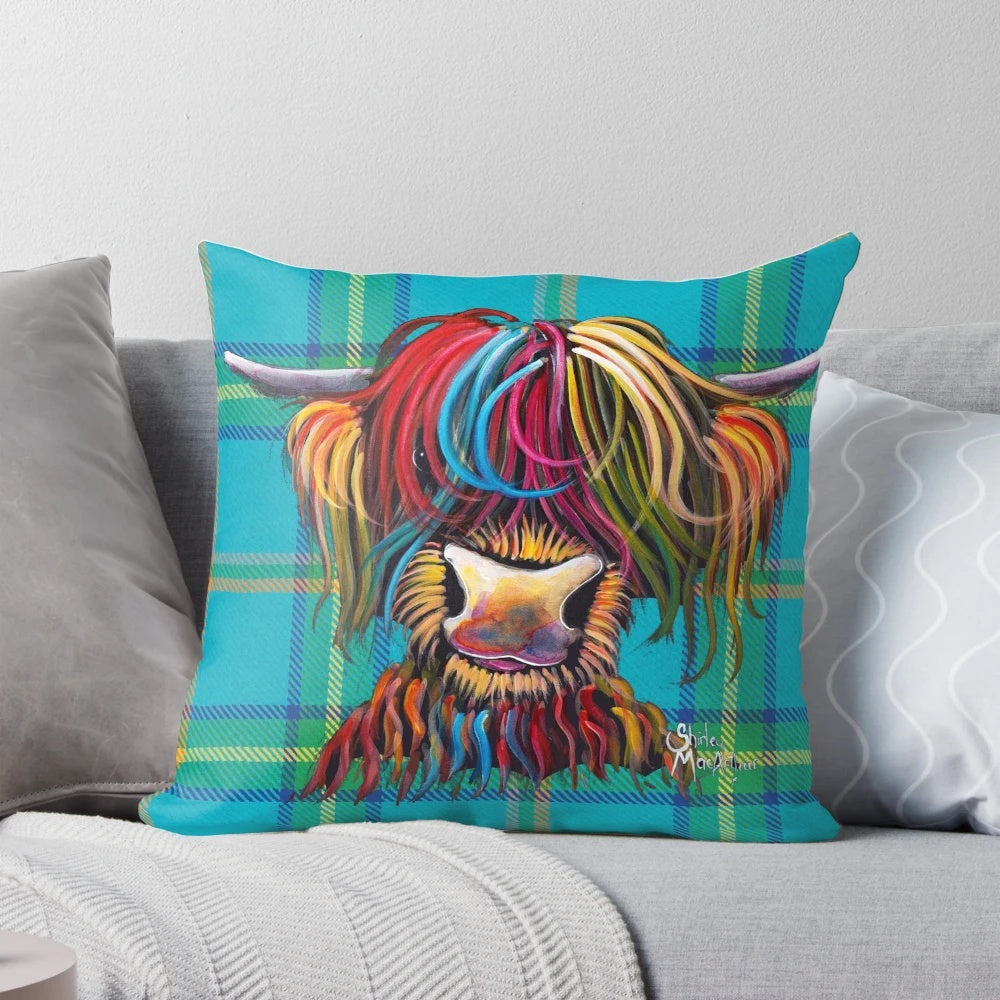 A soft, cozy pillow featuring a hand-painted highland cow in a vibrant tartan pattern.