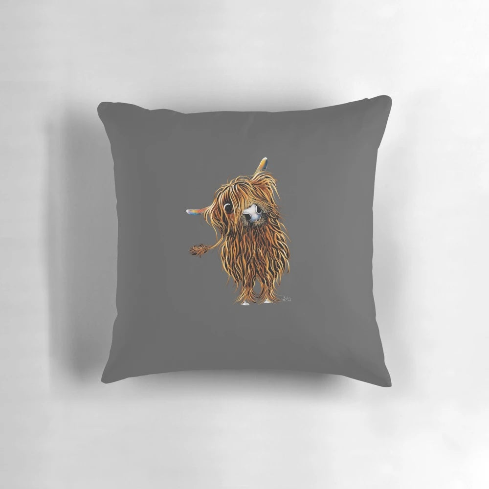 A decorative throw pillow featuring a whimsical painting of a Highland cow in shades of gray.