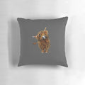 A decorative throw pillow featuring a whimsical painting of a Highland cow in shades of gray.