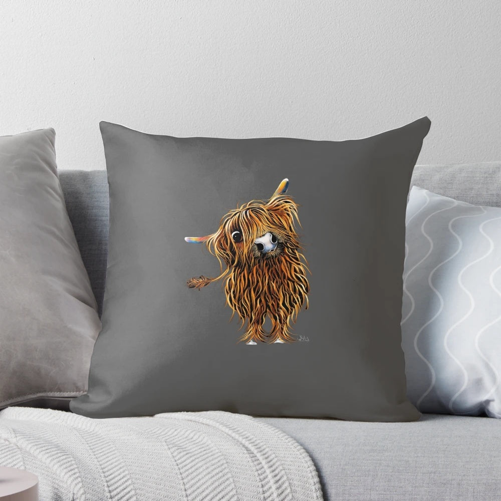 A decorative throw pillow featuring a whimsical painting of a Highland cow in shades of gray.