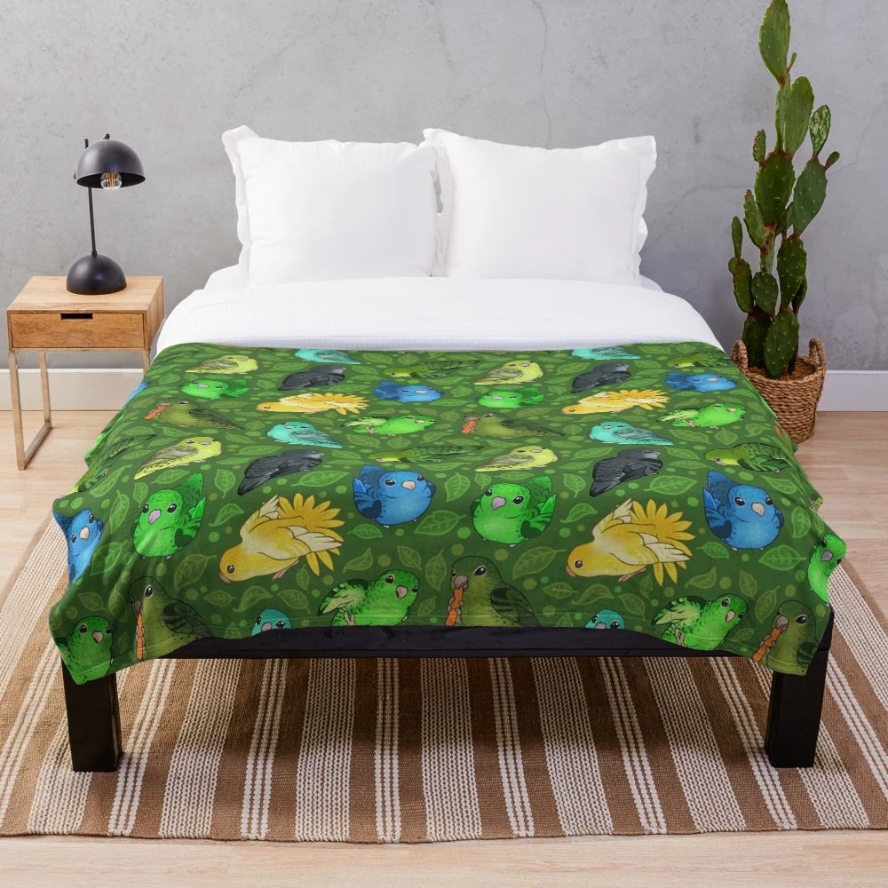Soft and cozy plush blanket with a cute lineolated parakeet design