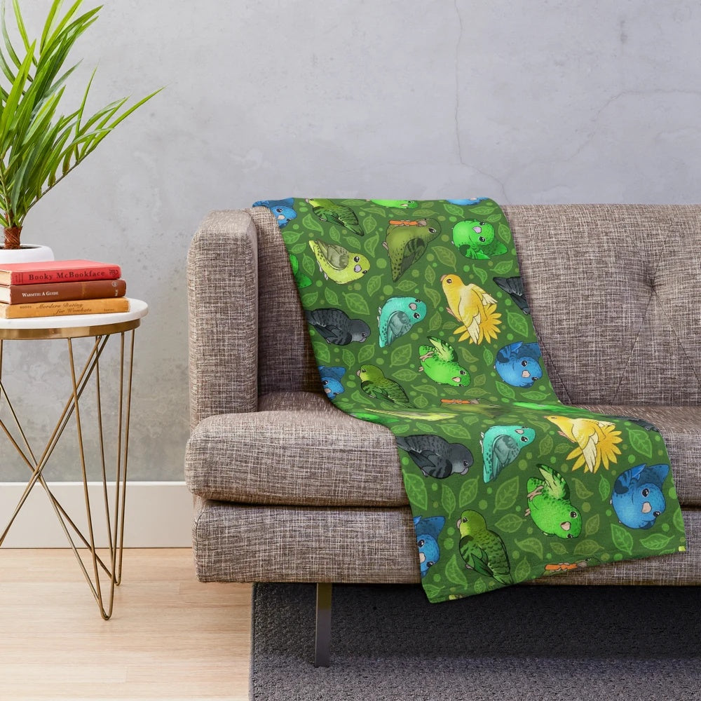 Soft and cozy plush blanket with a cute lineolated parakeet design