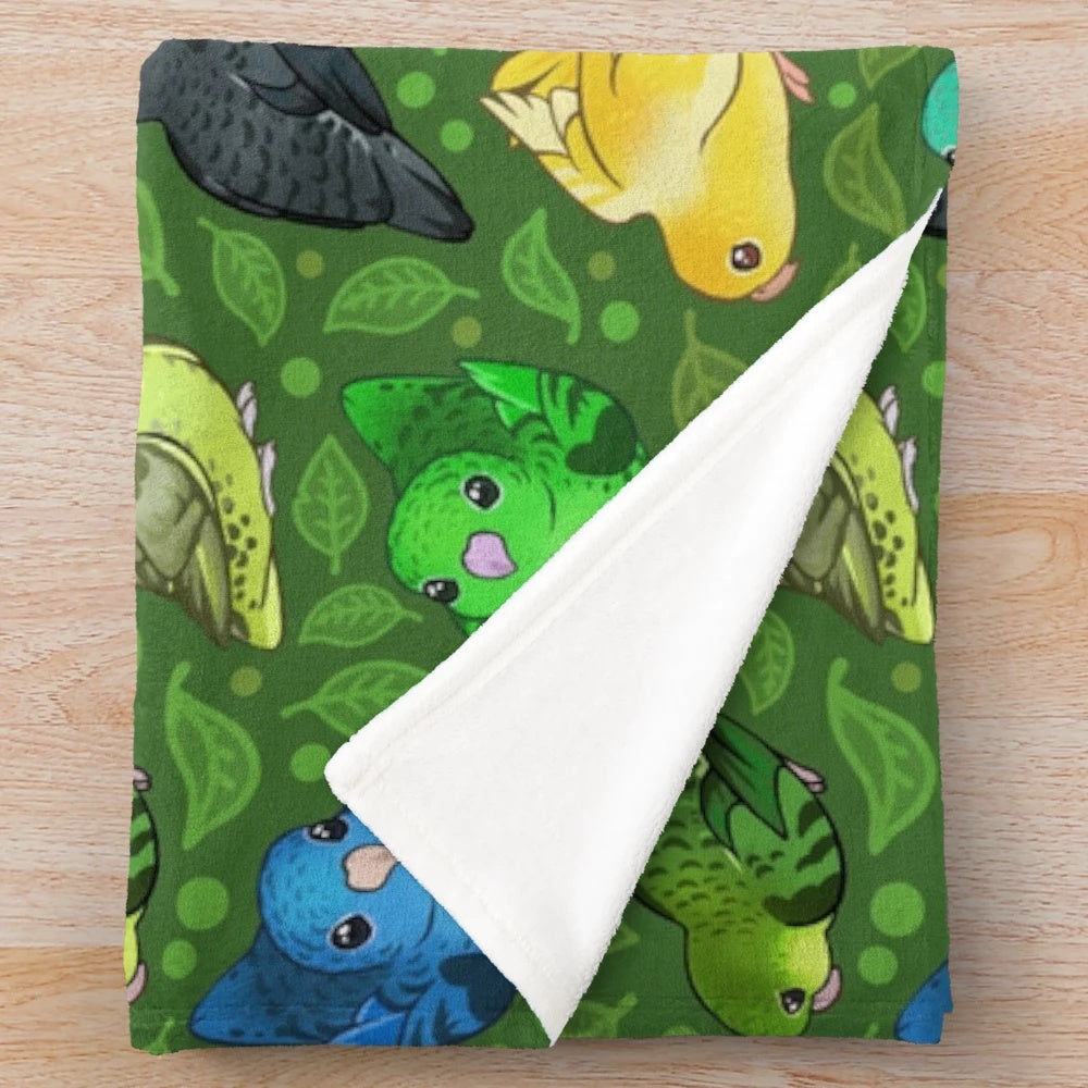 Soft and cozy plush blanket with a cute lineolated parakeet design