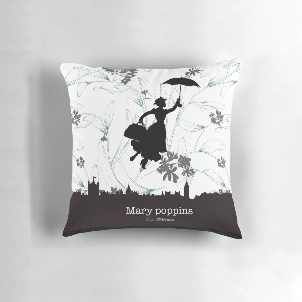 Decorative throw pillow featuring a silhouette of Mary Poppins and a London skyline in a floral design.