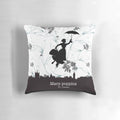 Decorative throw pillow featuring a silhouette of Mary Poppins and a London skyline in a floral design.