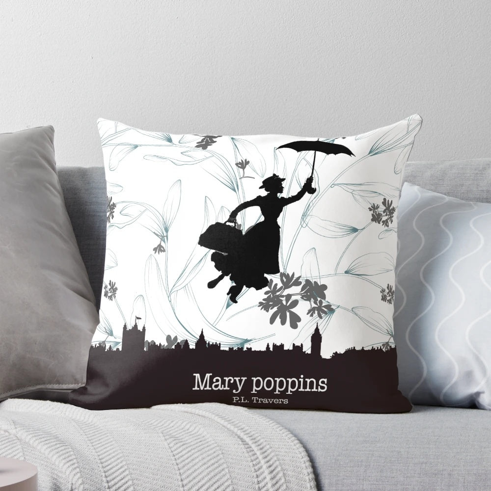 Decorative throw pillow featuring a silhouette of Mary Poppins and a London skyline in a floral design.