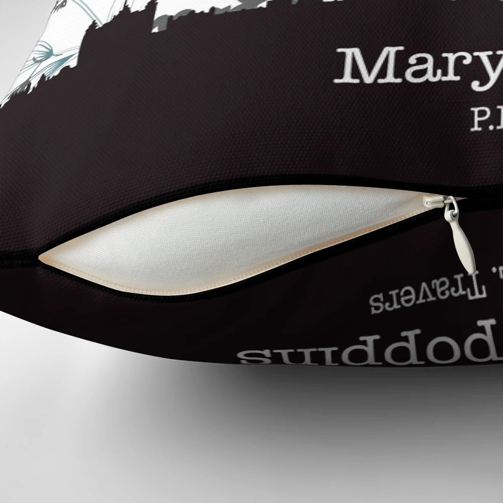 Decorative throw pillow featuring a silhouette of Mary Poppins and a London skyline in a floral design.