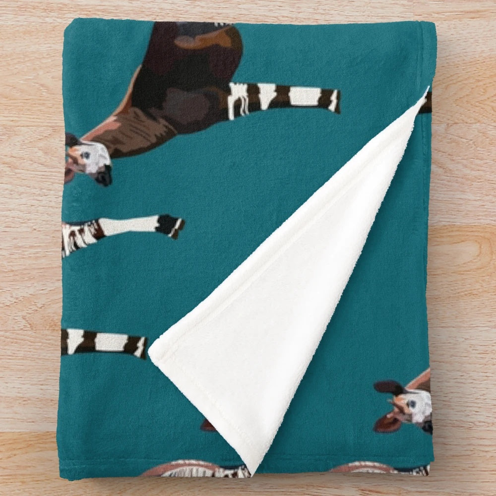 Okapi plush blanket featuring a detailed illustration of the unique and endangered okapi animal