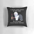 Soft and cozy pillow featuring an illustration of an Old English Sheepdog enjoying a glass of wine