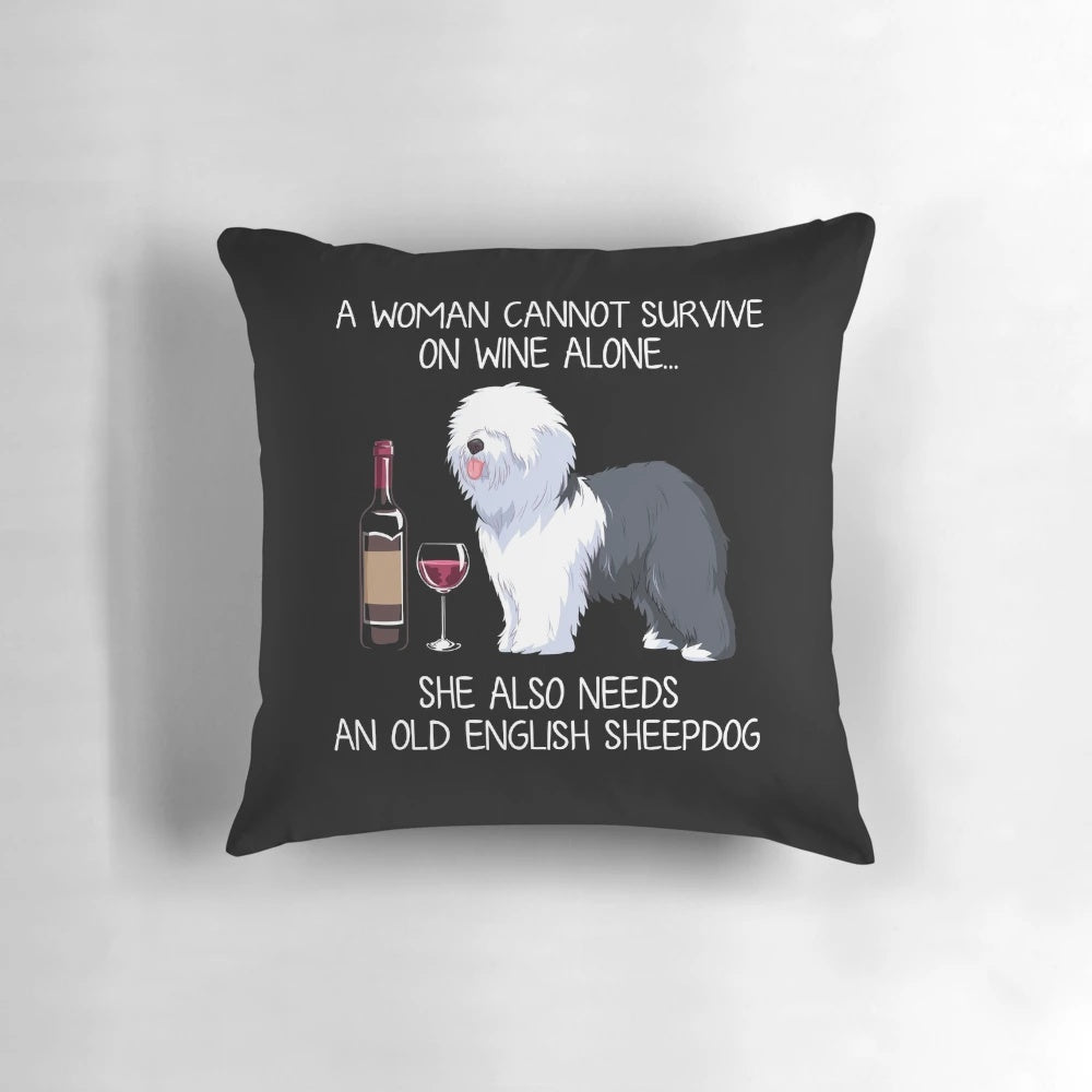 Soft and cozy pillow featuring an illustration of an Old English Sheepdog enjoying a glass of wine