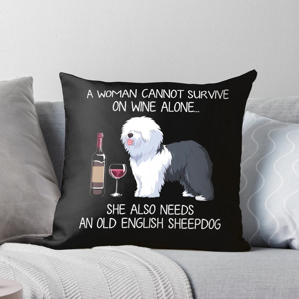 Soft and cozy pillow featuring an illustration of an Old English Sheepdog enjoying a glass of wine