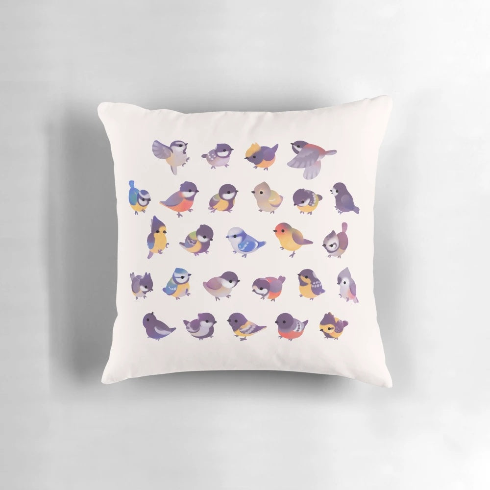 Soft and cozy pillow featuring an illustration of a cute little bird from the Paridae family